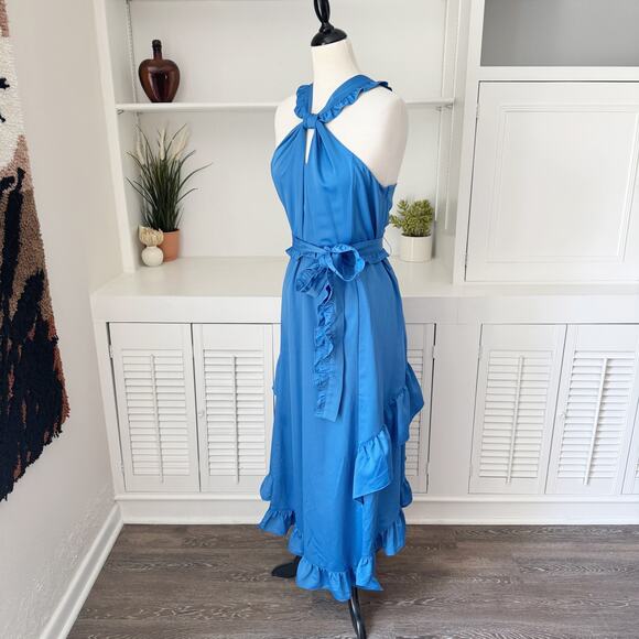 NWT Derek Lam 10 Crosby Dasha Blue Ruffle Trim Asymmetric Halter Midi Dress 10 - Picture 4 of 8